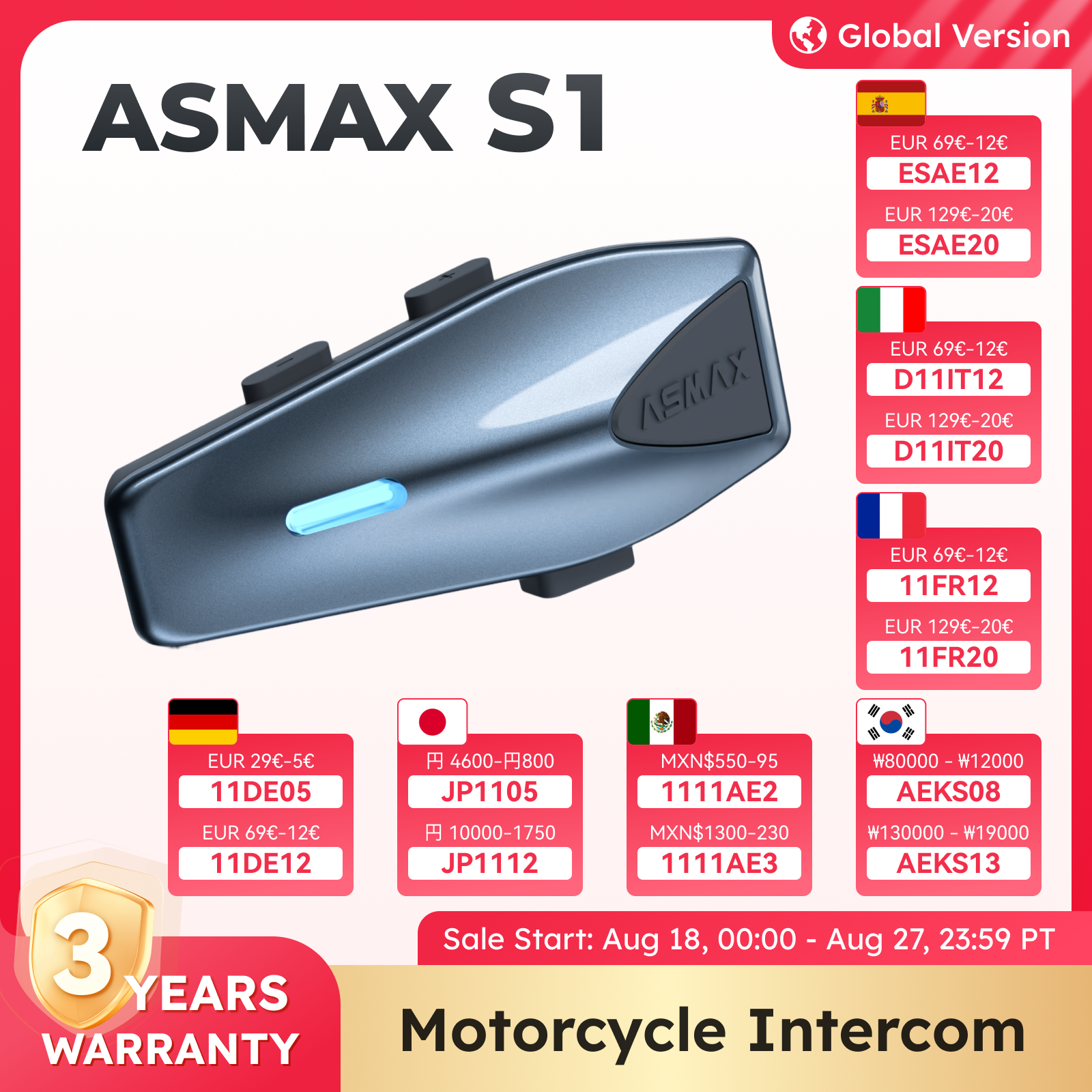 ASMAX Blue S1 Мотоциклетная домофонная система Global Mesh Group, голосовое управление, HD-аудио, IPX7, ENC-микрофон и подключение приложения