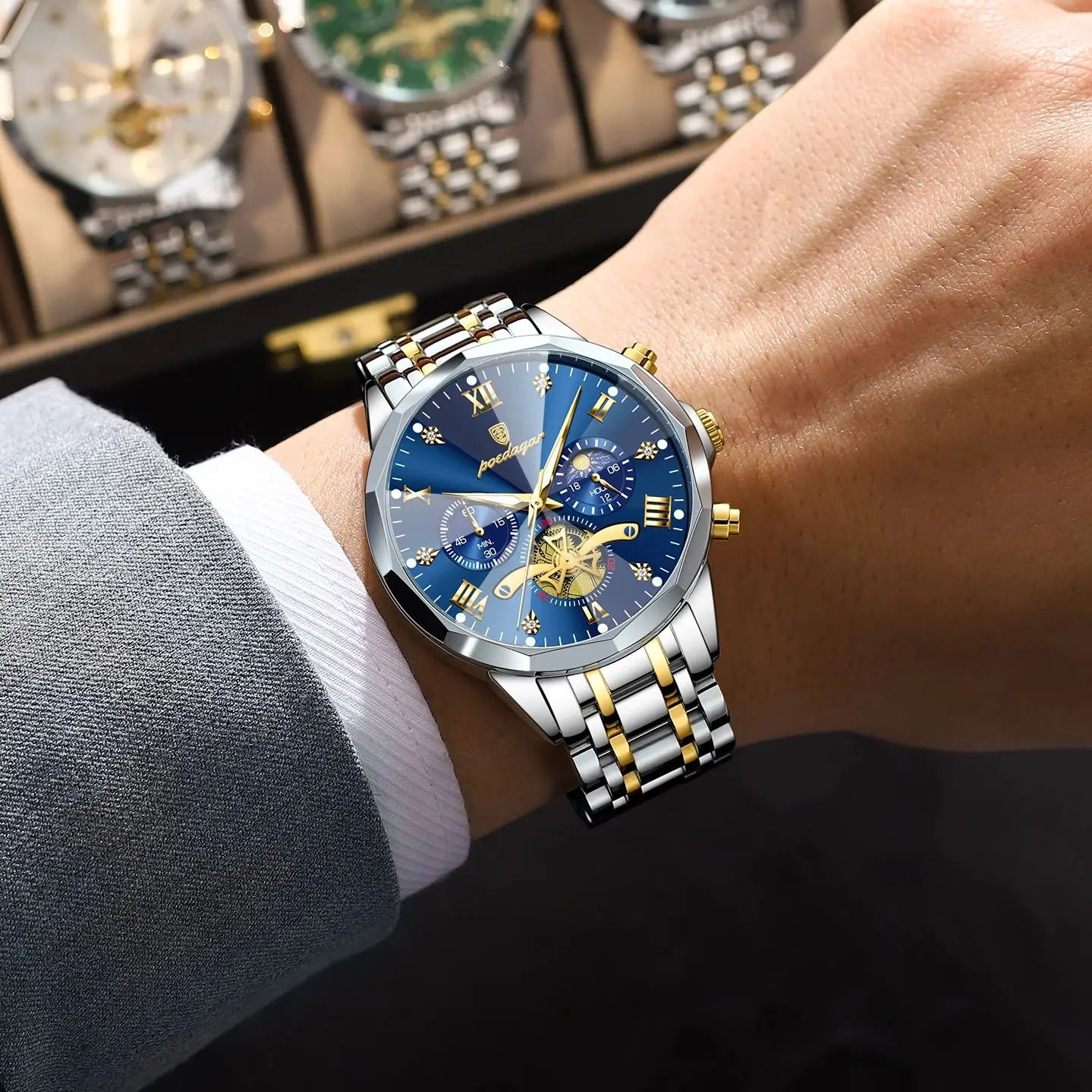 Reloj POEDAGAR de lujo para hombre, Reloj de pulsera Original resistente al agua con cronógrafo luminoso para hombre, relojes de cuarzo de acero inoxidable para hombre