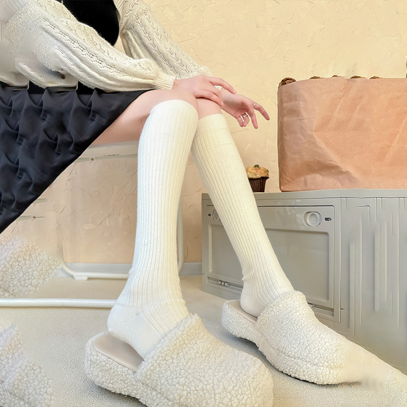 Calcetines mujer Otoño e Invierno grueso cálido Color sólido hasta la rodilla medias negro blanco rayas verticales calcetines altos hasta el muslo para mujer
