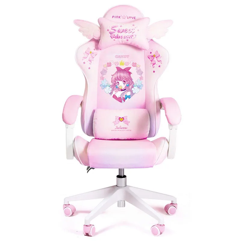 Desenhos animados Anime Gaming Chair, Casa Cadeira Computador Office, Elevação especial e Rotativa Almofada de Látex, E-Sports Competição, Rosa, Bonito