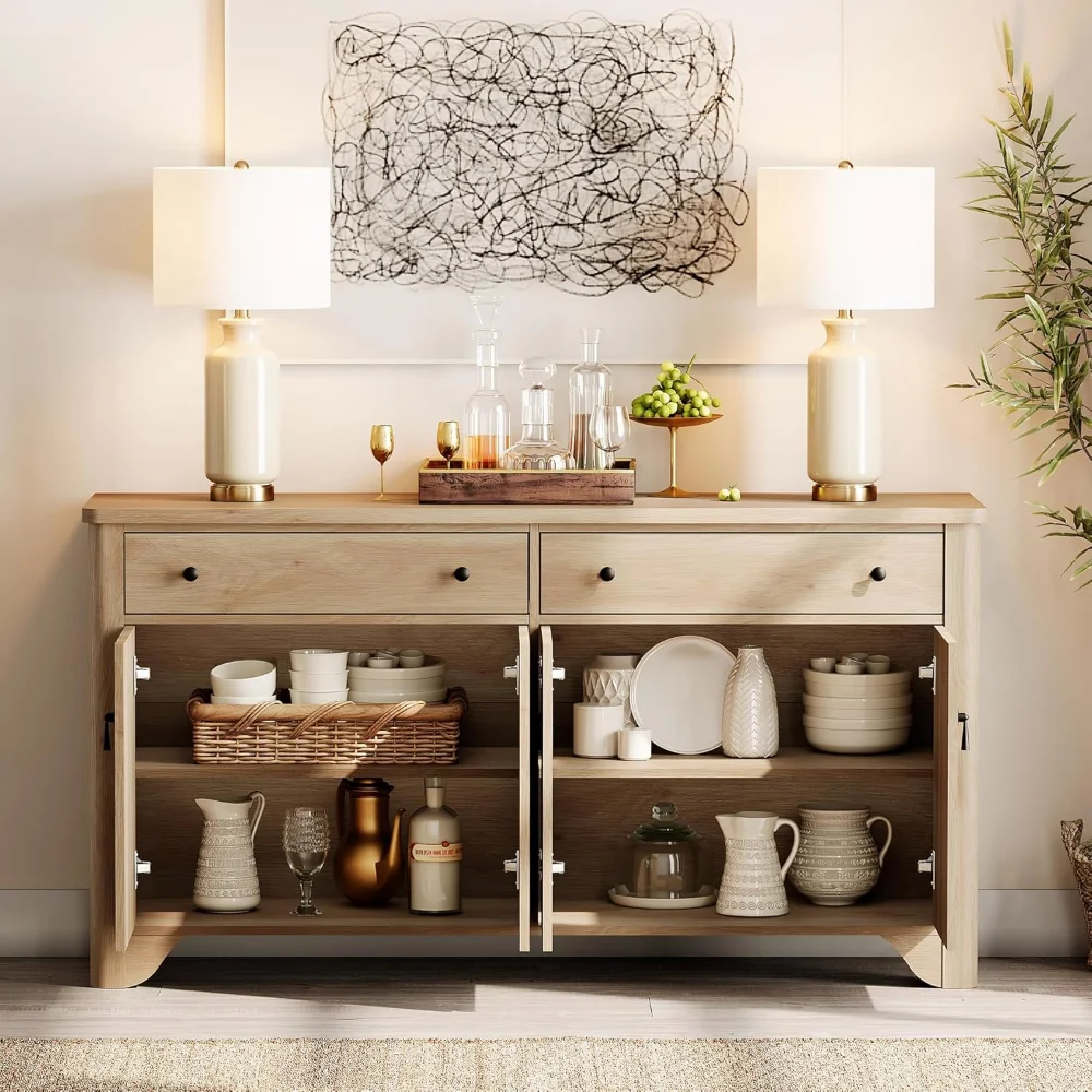 Sideboard Buffet Cabinet with Storage - 59" Large Farmhouse Buffet Cabinet with 2 Drawers and 4 Doors, Adjustable Shelves