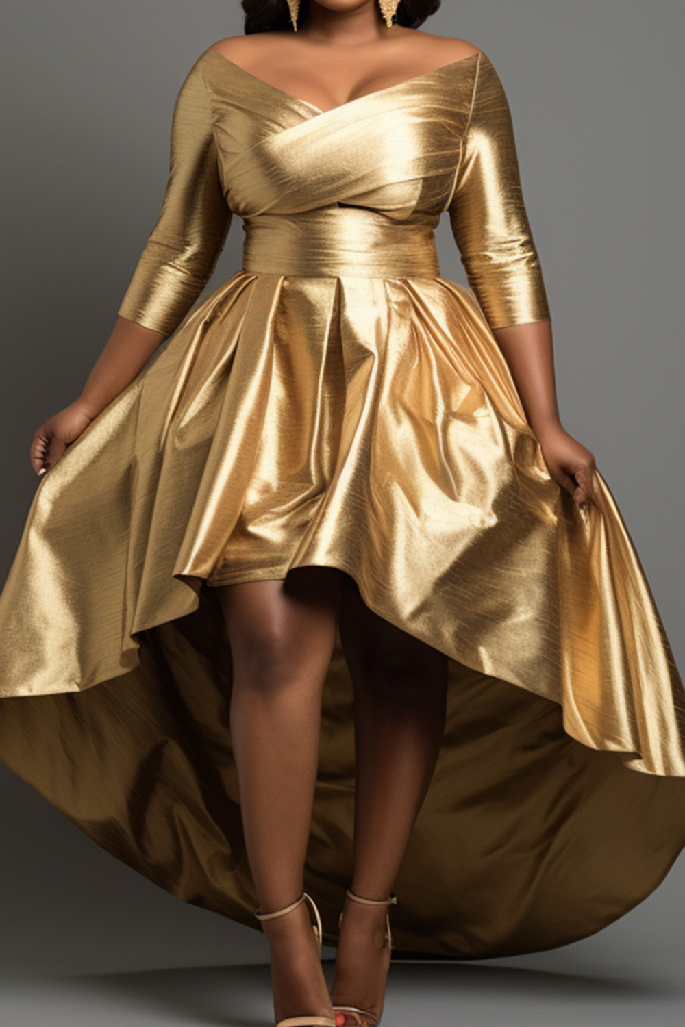 Plus Size Cocktail Party Ouro Fora Do Ombro Manga 3/4 Hem Assimétrico Glitter Maxi Vestidos