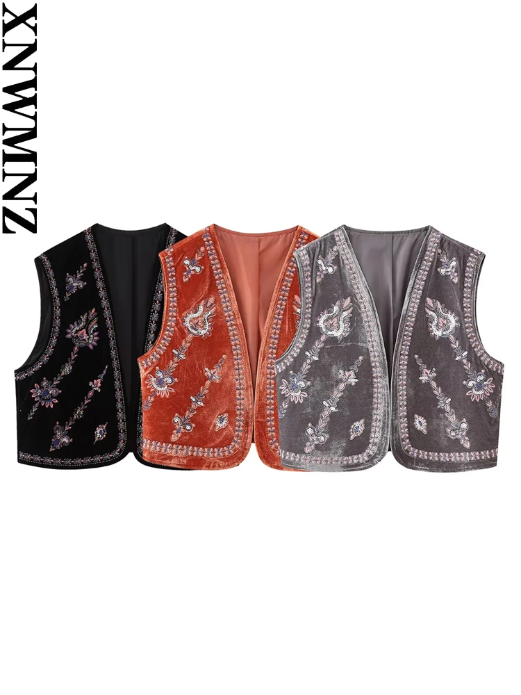 XNWMNZ 2024 แฟชั่นผู้หญิงลูกปัดปักกํามะหยี่เสื้อกั๊กผู้หญิงสไตล์ชาติพันธุ์อเนกประสงค์หญิง Chic เสื้อกั๊ก