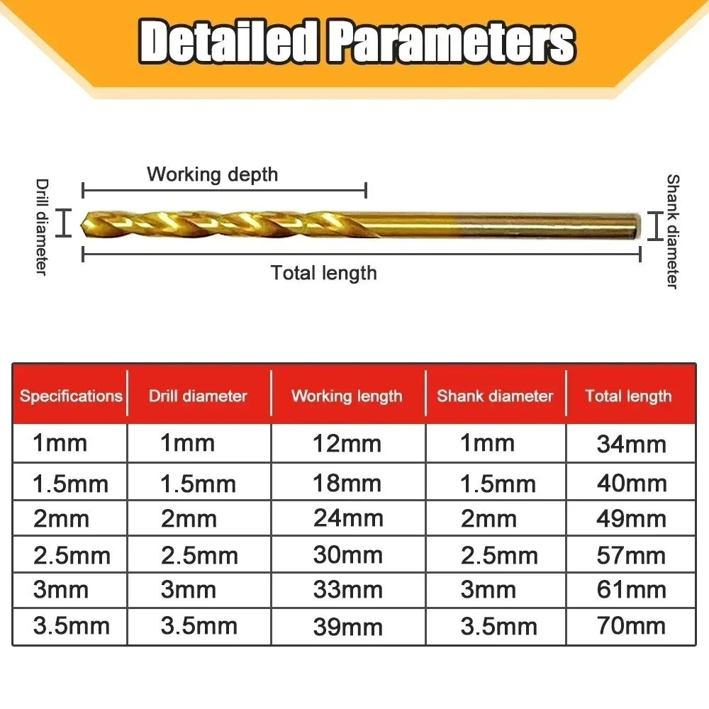 50Pcs High Speed Steel Drill Bits Set Titanium Coated Drill Bits Tools High Quality 1/1.5/2/2.5/3mm Twist Drill Bits