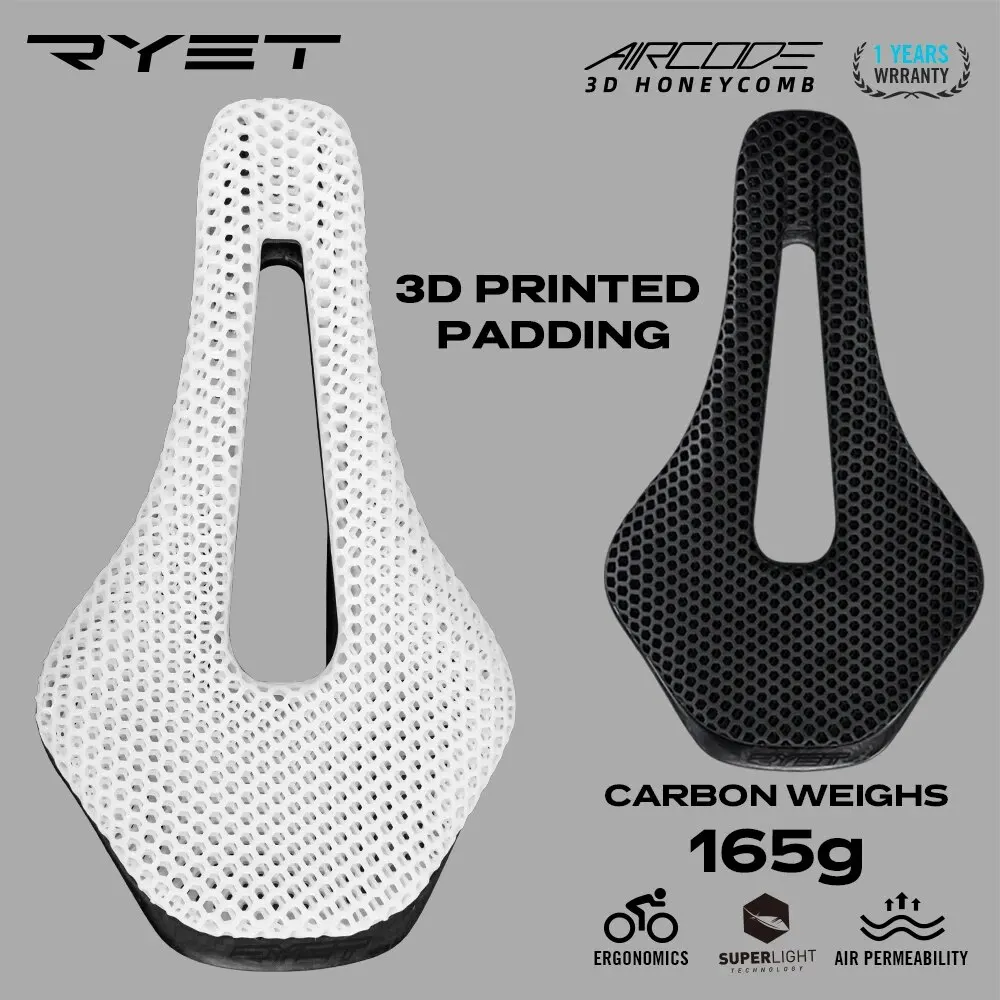 RYET-Ultraleve Carbon Fiber Bike Saddle, 3D Impresso, Oco, Confortável, Respirável, MTB, Cascalho, Estrada, Bicicleta, Ciclismo, Peças de Assento