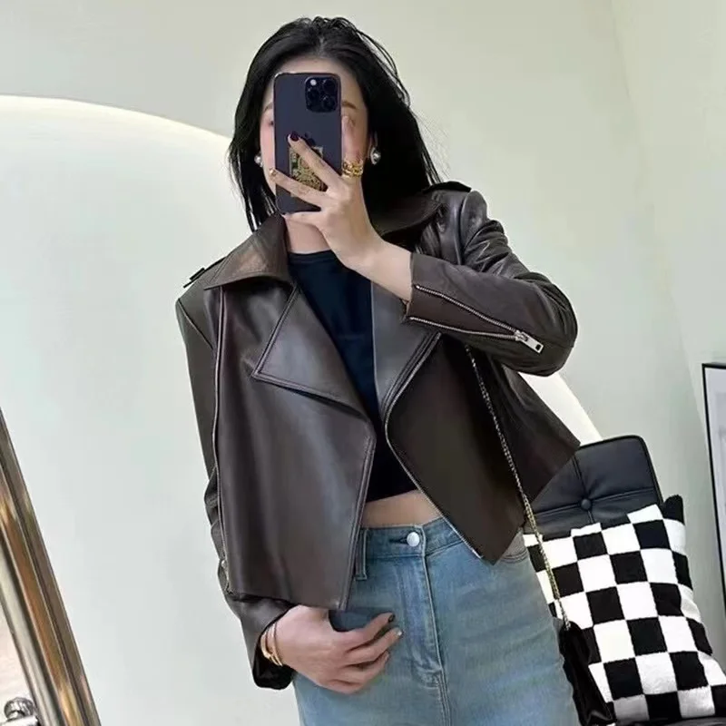 Chaqueta de cuero de mujer de cuero Natural primavera nueva moda suelta motocicleta cremallera solapa ancha abrigo corto de piel de oveja Deri Yelek Kadın