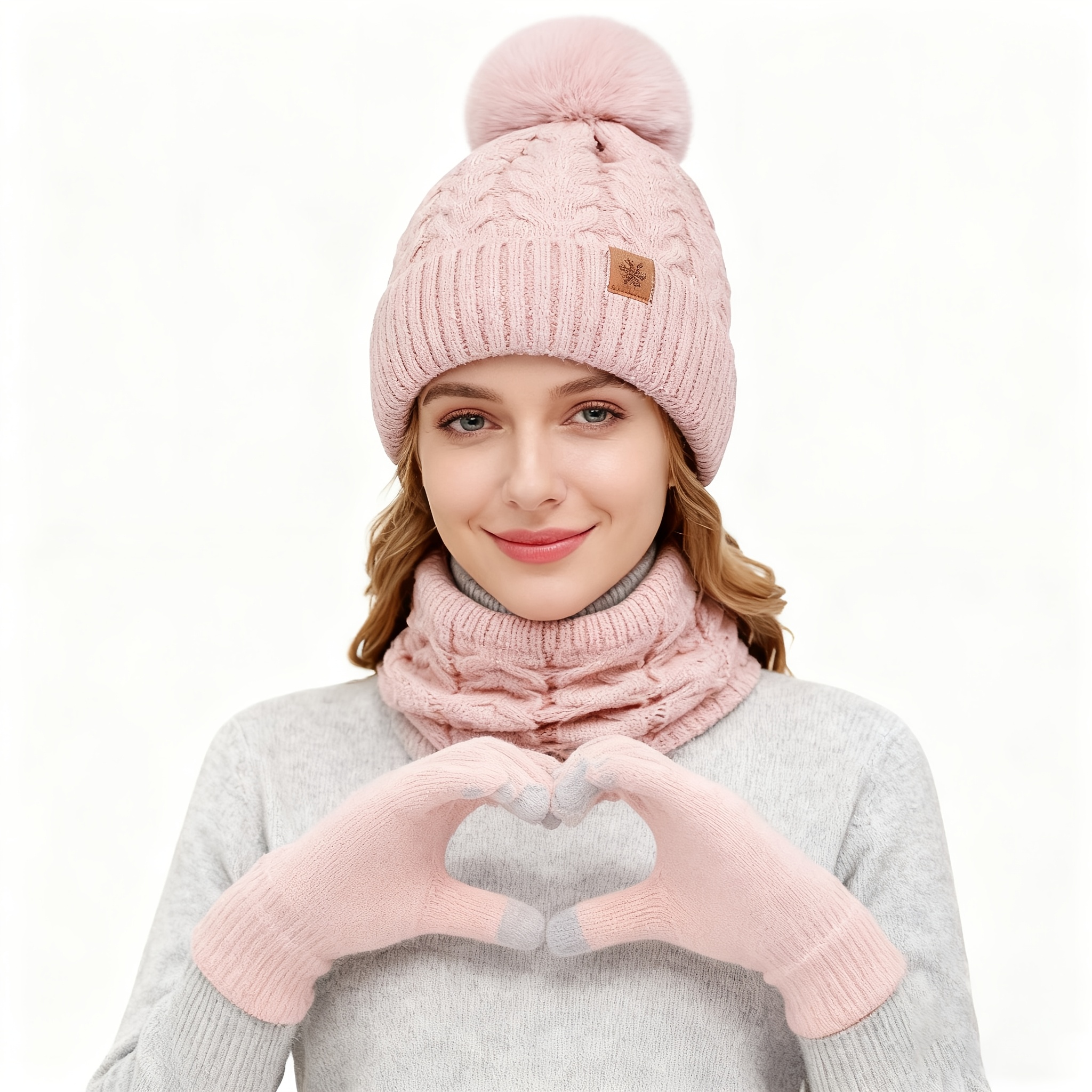 Conjunto de invierno de 3 piezas: gorro de punto, guantes con pantalla táctil y bufanda de collar convertible, gorro de invierno, bufanda y guantes