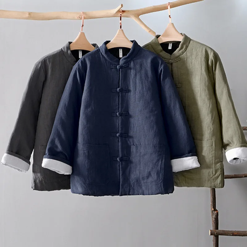 Chaqueta acolchada cálida de estilo chino Retro para hombre, chaqueta holgada Harajuku de Color sólido que combina con todo, prendas de vestir con botones y nudo de lino y algodón para hombre