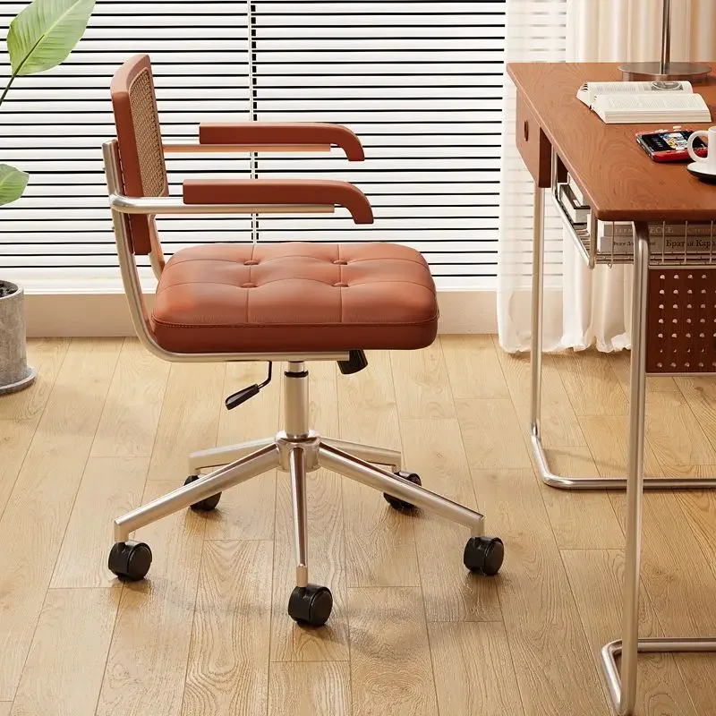 Middle Ancient Office Chair Ergonomic Armrest Desk Chair Rattan Weave Learning Computer Seat Leather Cushion Executive Chairs