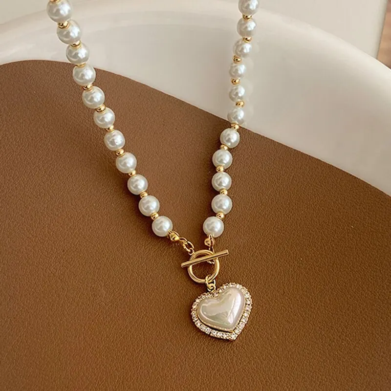 Nieuwe Hart Imitatie Parel Witte Zeemeermin T-gesp Hanger Kettingen voor Vrouwen Temperament Luxe Mode-sieraden Geschenken Groothandel