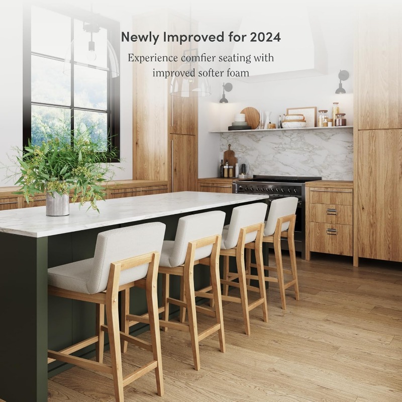 Gracie Modern Counter Height Bar Stool with Back, Counter Stool Upholstered Chair with Natural Textured Linen and Brushed Wooden