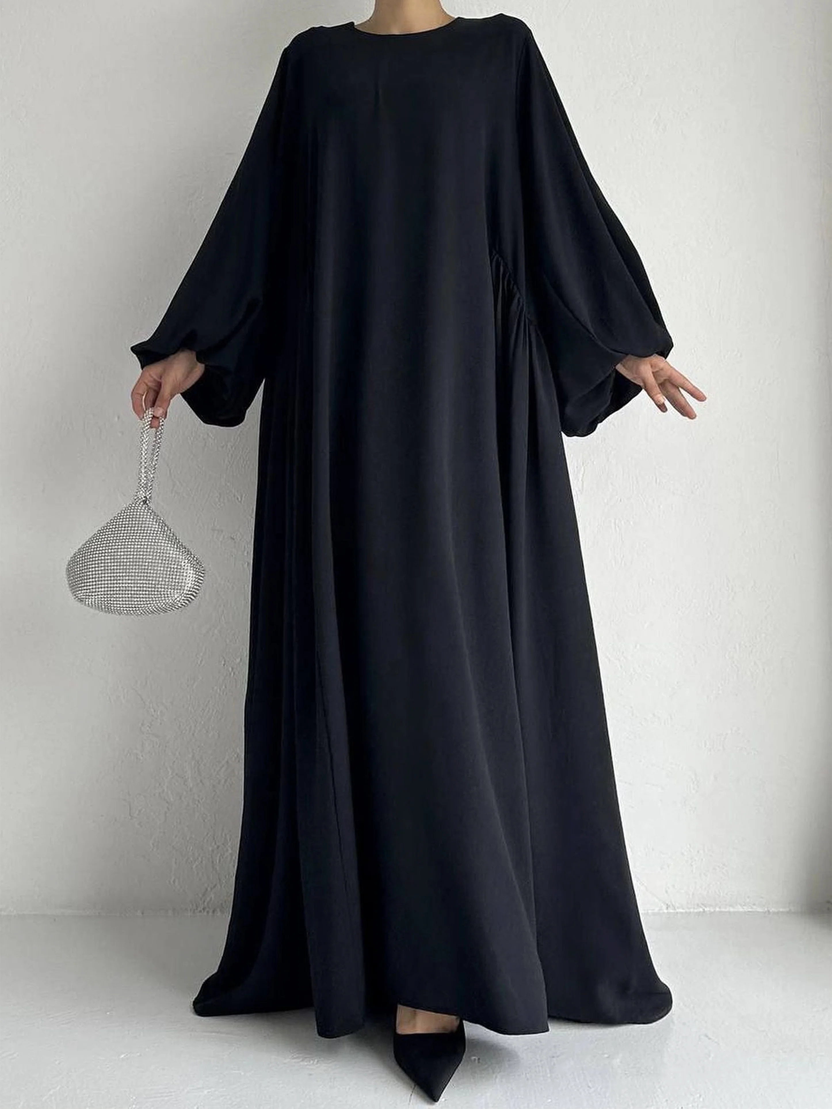 Abaya Ramadan Solid Bishop Sleeve Kebaya Kaftan, vestido elegante de comprimento maxi com gola redonda, Abayas islâmicas para mulheres