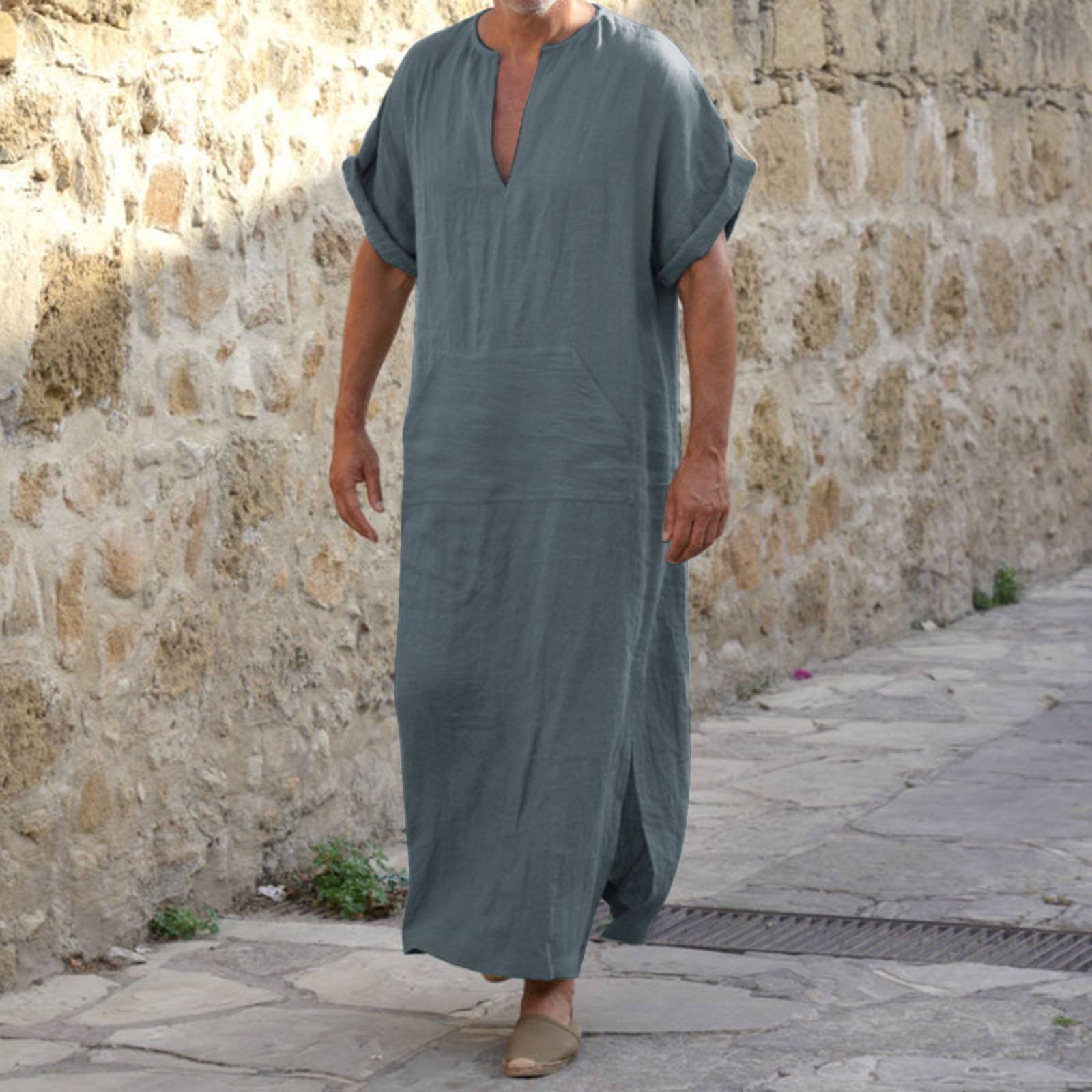 Robe muçulmano de algodão casual com decote em v masculino, roupas soltas, jaqueta de manga curta, camisa cor sólida, nova chegada, 2024