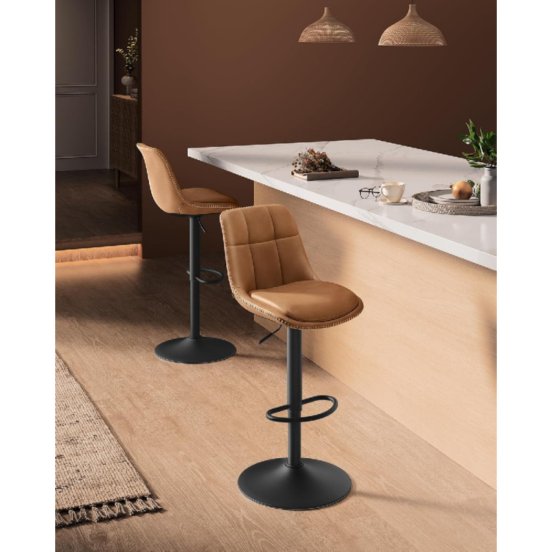Barhocker, 2er-Set, Barstühle, höhenverstellbar, drehbar, Küchenhocker, gesteppter PU-Bezug mit Rückenlehne