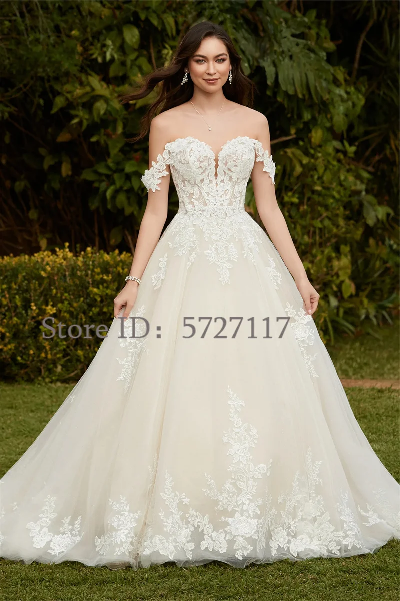 Elegant Sweetheart Tulle งานแต่งงานชุด Sequins Appliques ลูกไม้ปิดไหล่ชุดเจ้าสาว Party Custom Made