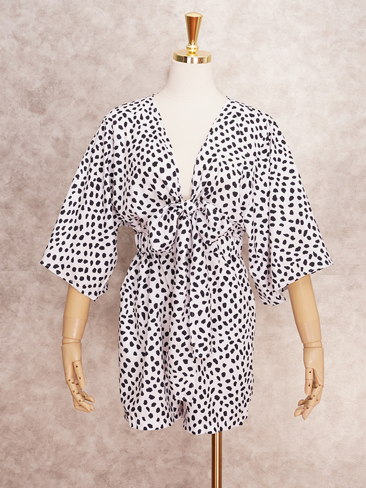 Strampler mit Leoparden-Bowknot, weites Bein, lässig, locker, Sommer, V-Ausschnitt, Playsuits, kurze Overalls, Taschen, einteiliger Overall A1430