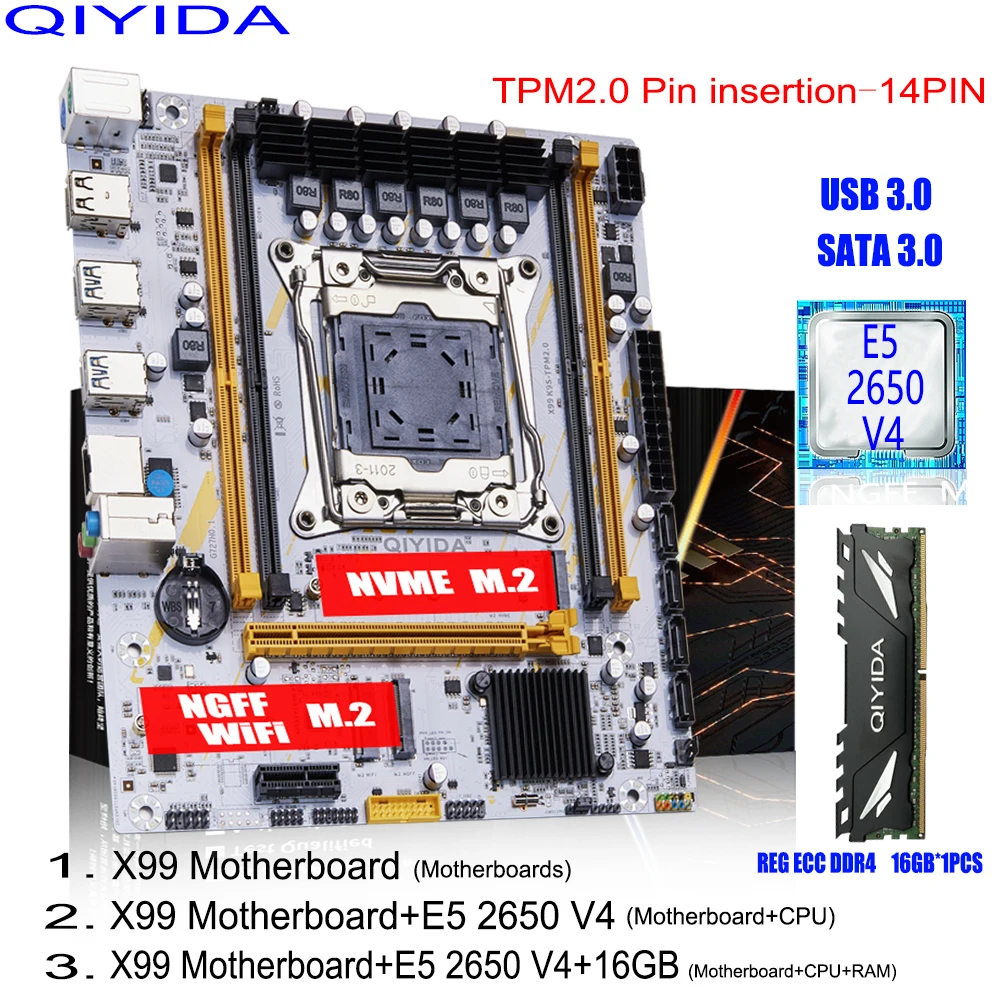 QIYIDA X99 Motherboard Set LGA 2011-3 Kit Xeon E5 2650 V4 CPU Prozessor mit 16 GB DDR4 ECC RAM Speicher SATA3.0 USB 3.0 NVME M.2