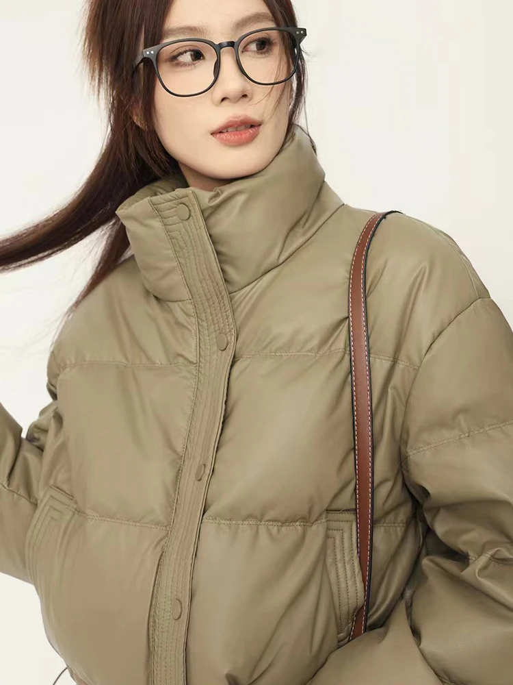 Parkas cortas cálidas de invierno para mujer, chaqueta acolchada corta de cuero Pu a la moda Y2K, ropa informal suelta para mujer, abrigos de manga larga con cremallera