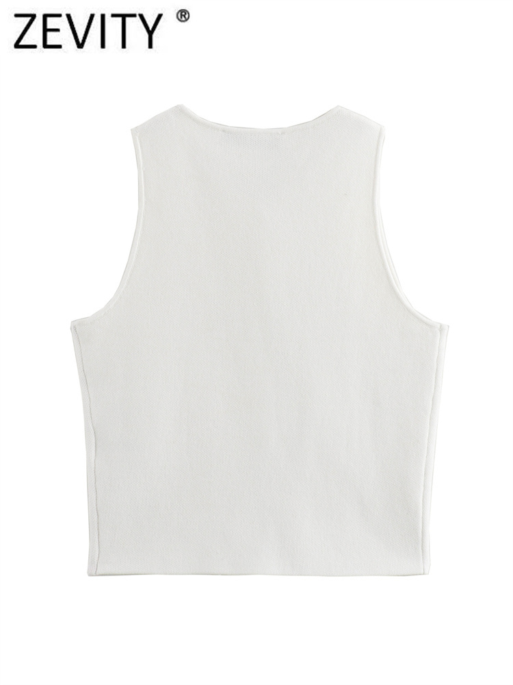 Zevity เสื้อถักคอวีมีรูสำหรับผู้หญิง, เสื้อเบลาส์แขนกุดสุดชิคเสื้อกั๊กเสื้อครอป LS6236