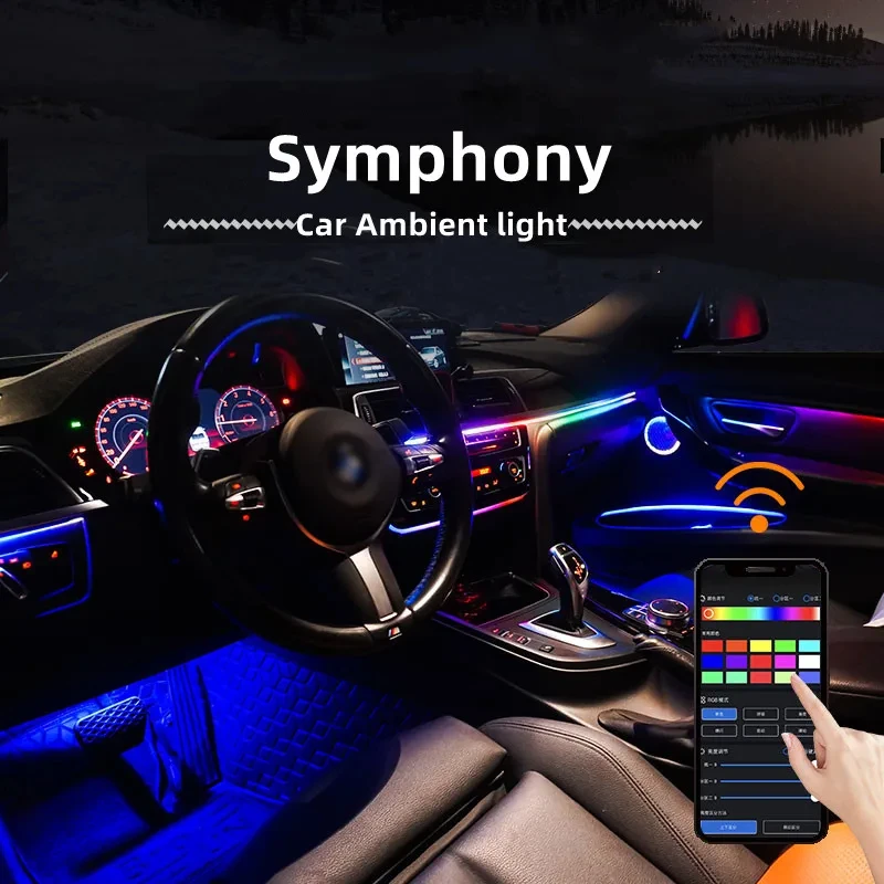 Universal hc22 neon luzes ambientais do carro rgb 64 cores universal led interior escondido tira acrílica sinfonia atmosfera lâmpada