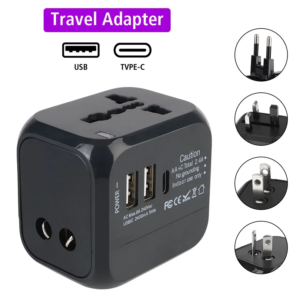 อะแดปเตอร์ชาร์จไฟแบบติดผนังออลอินวัน - ปลั๊ก US EU UK AU พร้อม USB 2 ช่องและประเภท C 1 ช่อง, สากลสำหรับการเดินทาง