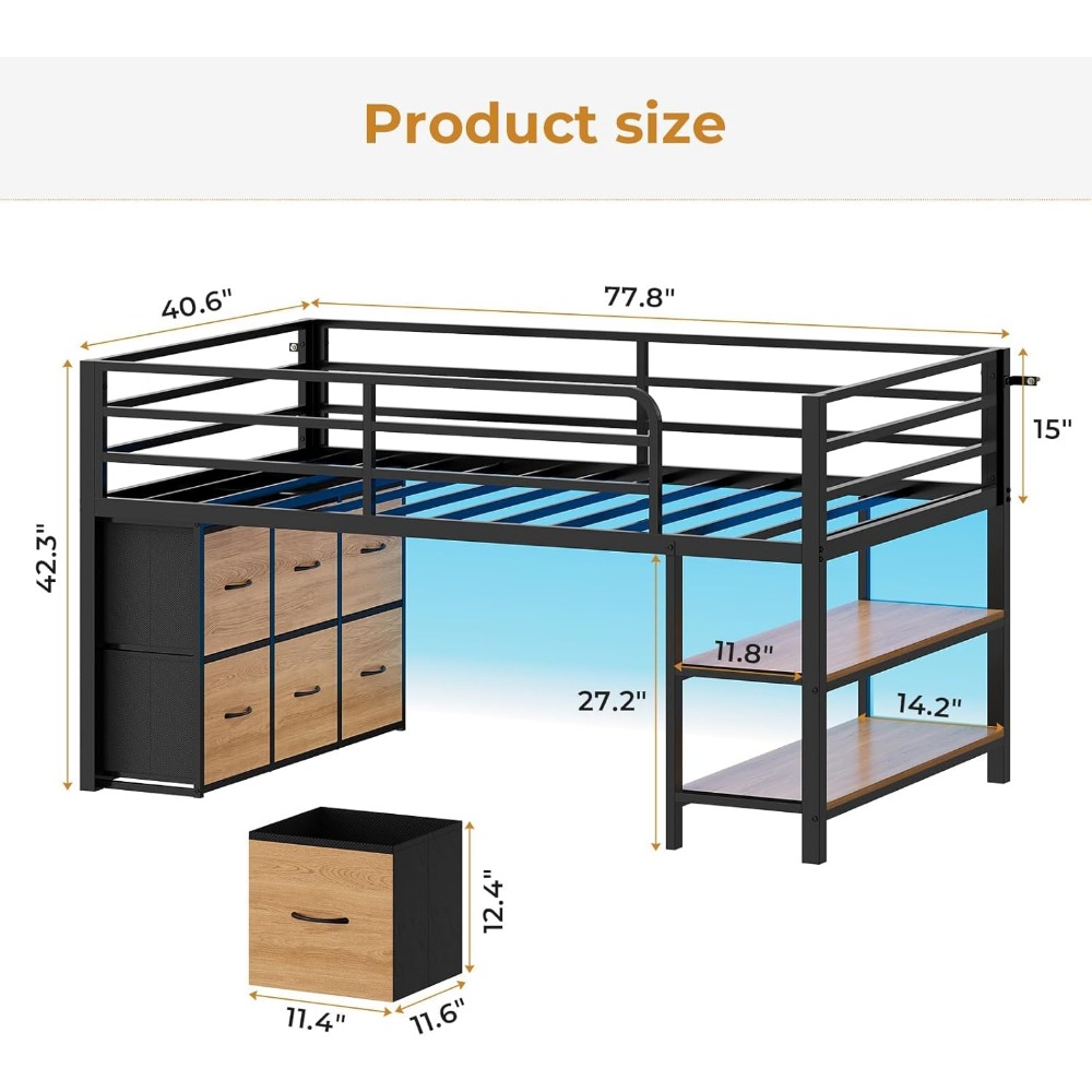 ADORNEVE Low Loft Bed with 6 Storage Drawers, Twin Loft Bed with LED Lights, Metal Loft Bed Twin Size with Open Storage Shelves,