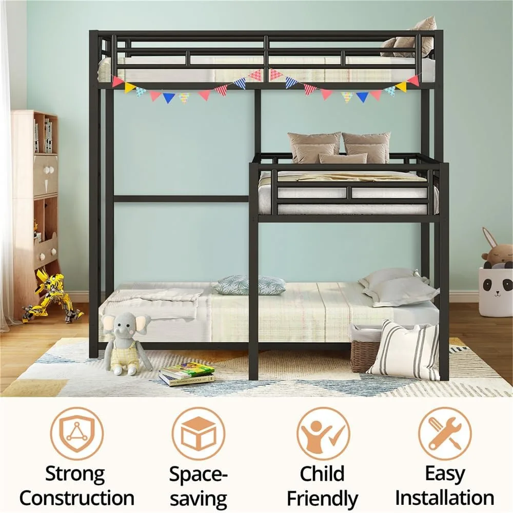Heavy-Duty Triple Bunk Bed,Dormitory bed Metal L-Shaped Bunk Bed for 3 Kids Adults with Built in Ladder Full Length Guardrails