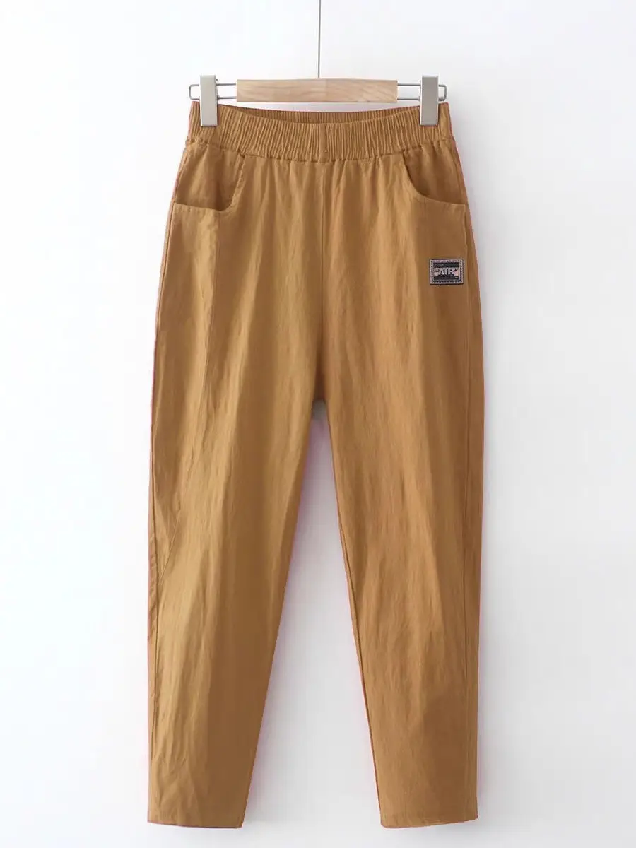 Calças Fenas Casuais de Verão em Aodão e Linho com Cintura Elástica, Estilo Harlan, Ajuste Solto, Calças de Nove Pontos...