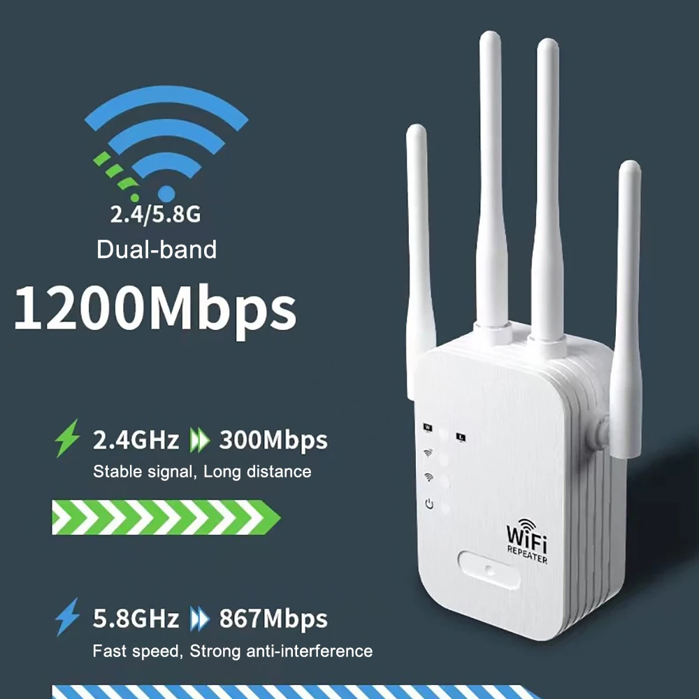 Repetidor WiFi de 1200Mbps extensor inalámbrico amplificador WiFi 5G 2,4G amplificador de red de doble banda enrutador WiFi de señal de largo alcance para el hogar