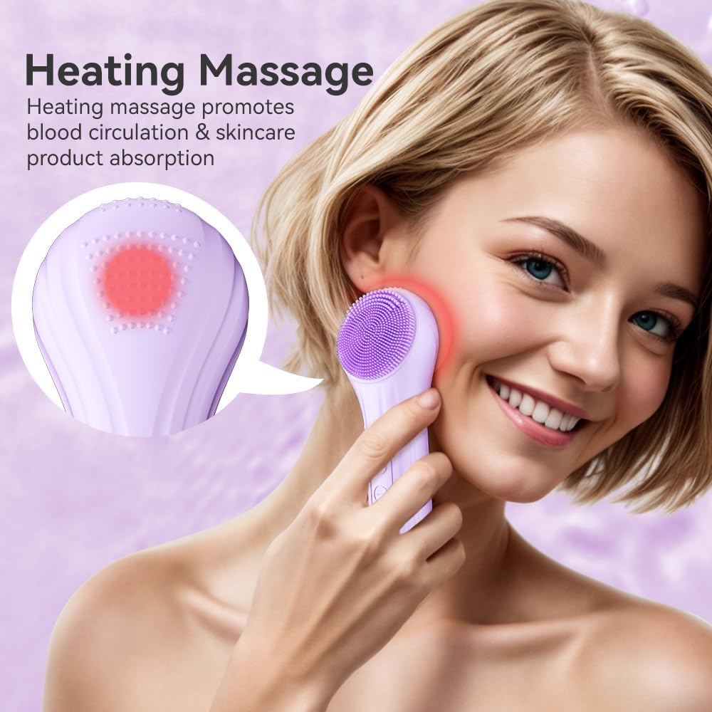 Facial cleansing brush, silicone facial cleansing brush, with heating and vibration 5-speed settings, waterproof rechargeable el