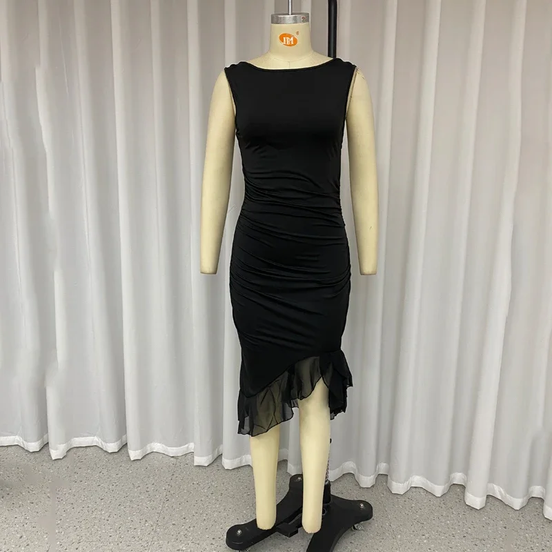 Wefads 女性マキシドレス夏エレガントな固体ノースリーブニップウエストスリムバックレスフリル不規則なパーティードレスストリート