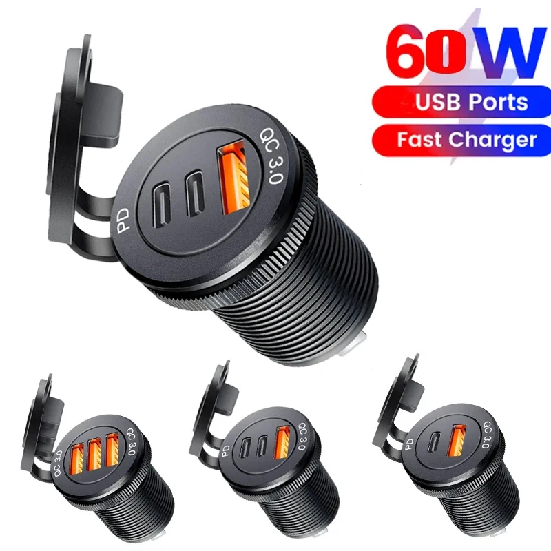 Enchufe de cargador de coche USB C DC carga súper rápida QC3.0 y PD para 12V/24V coche marino ATV tipo c puerto para Audi q5 a8 a1 a3 4