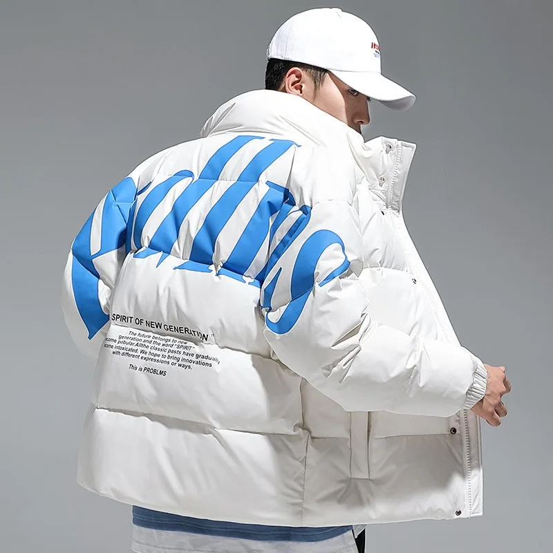 メンズホワイトダックダウンジッパージャケット,コート,スタンドカラー,ショート,レター,ルーズフィット,防寒着,冬服,M-3XL