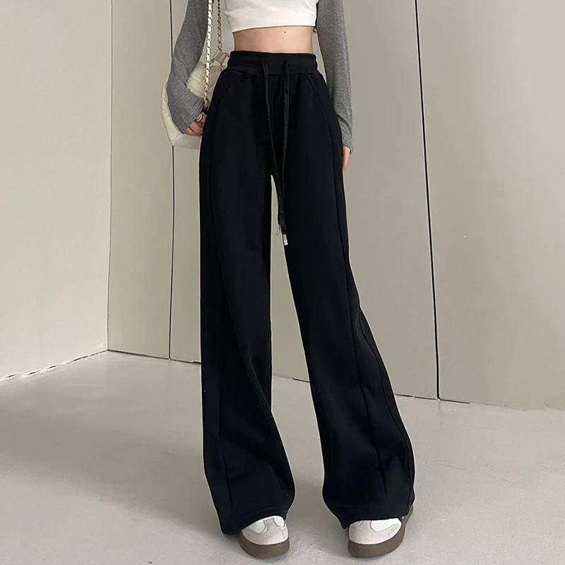 Pantalones deportivos elásticos básicos blancos y grises y negros para mujer, pantalones de pierna recta de pierna ancha para mujer, pantalones de chándal versátiles de cintura alta