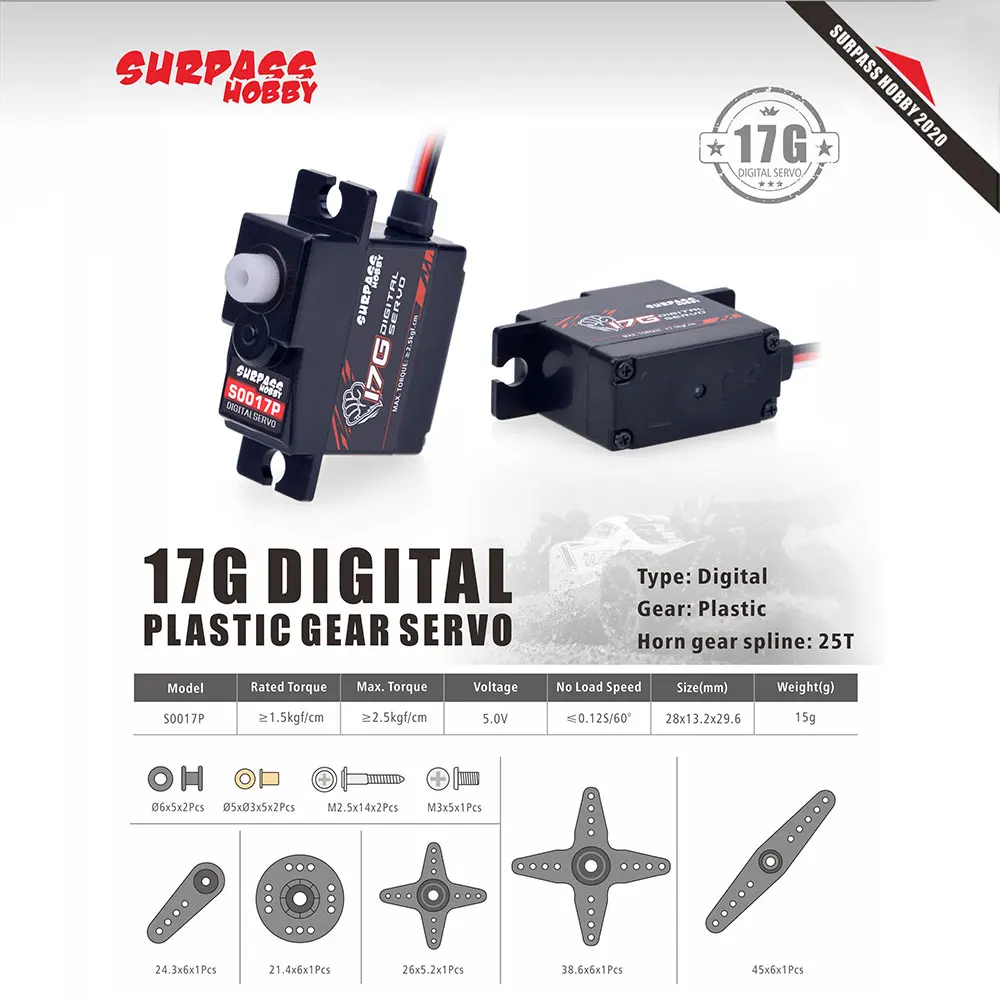 SURPASS HOBBY 17g RC รถ Mini Servo พลาสติกเกียร์โลหะ 4.8 V ~ 6 V DC มอเตอร์สําหรับเครื่องบินหุ่นยนต์เรือของเล่น Wltoys Part