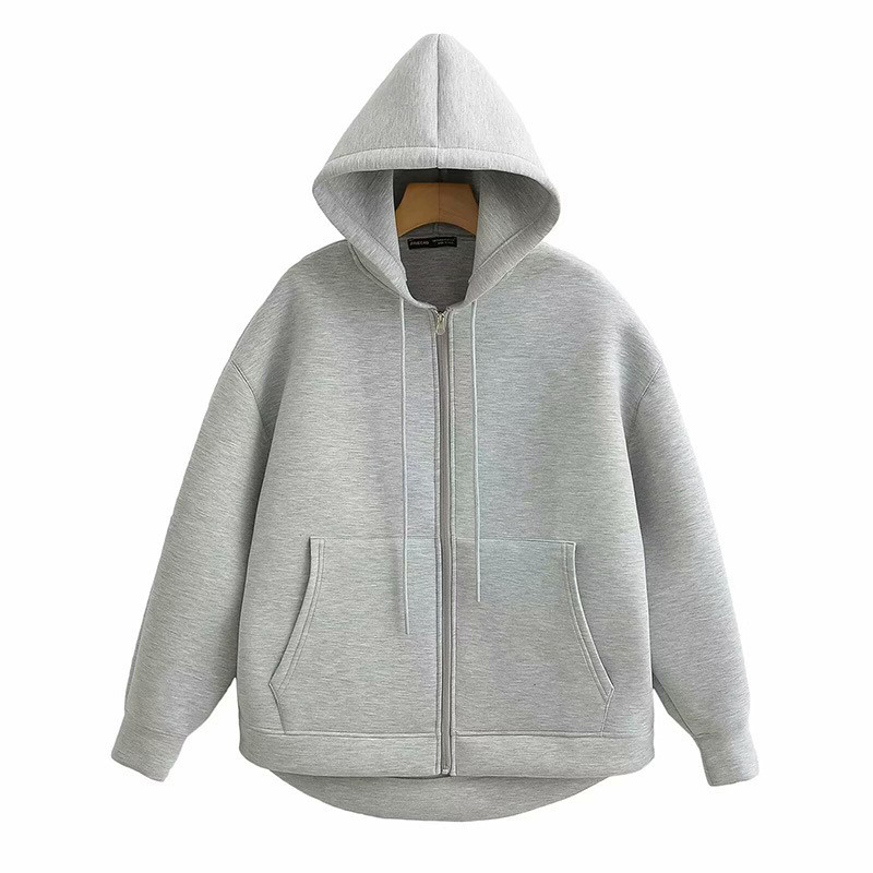Alobee Herbst Frauen Grau Schwarz Jacke Mit Kapuze Lange Sleeve Zipper Jacke Mantel Frau Lose Beiläufige Große Tasche Oberbekleidung Mantel Tops
