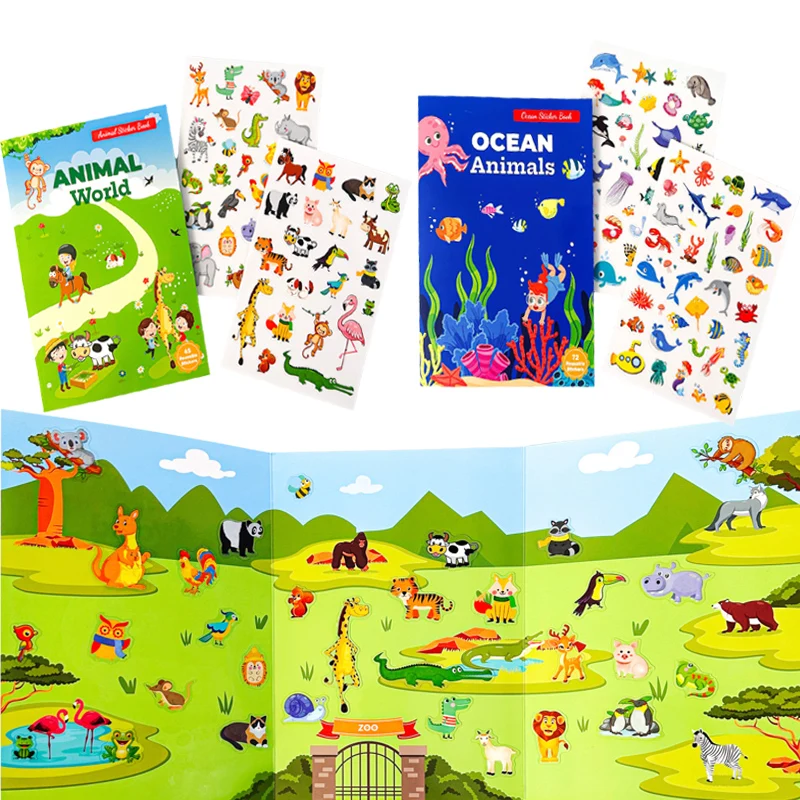 Nuovo libro di adesivi Sviluppo del potenziale di messa a fuoco Adesivi riutilizzabili Cartoon Animal Illuminismo Libro di educazione precoce per bambini