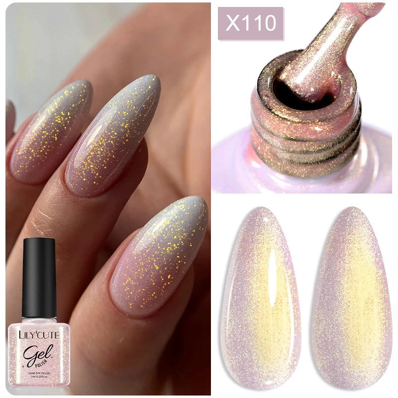 LILYCUTE 7ml Gold Sparkling Glitter เจลเล็บกึ่งถาวร UV เจล Soak off UV LED เล็บเจลเคลือบเงาสําหรับเล็บ DIY