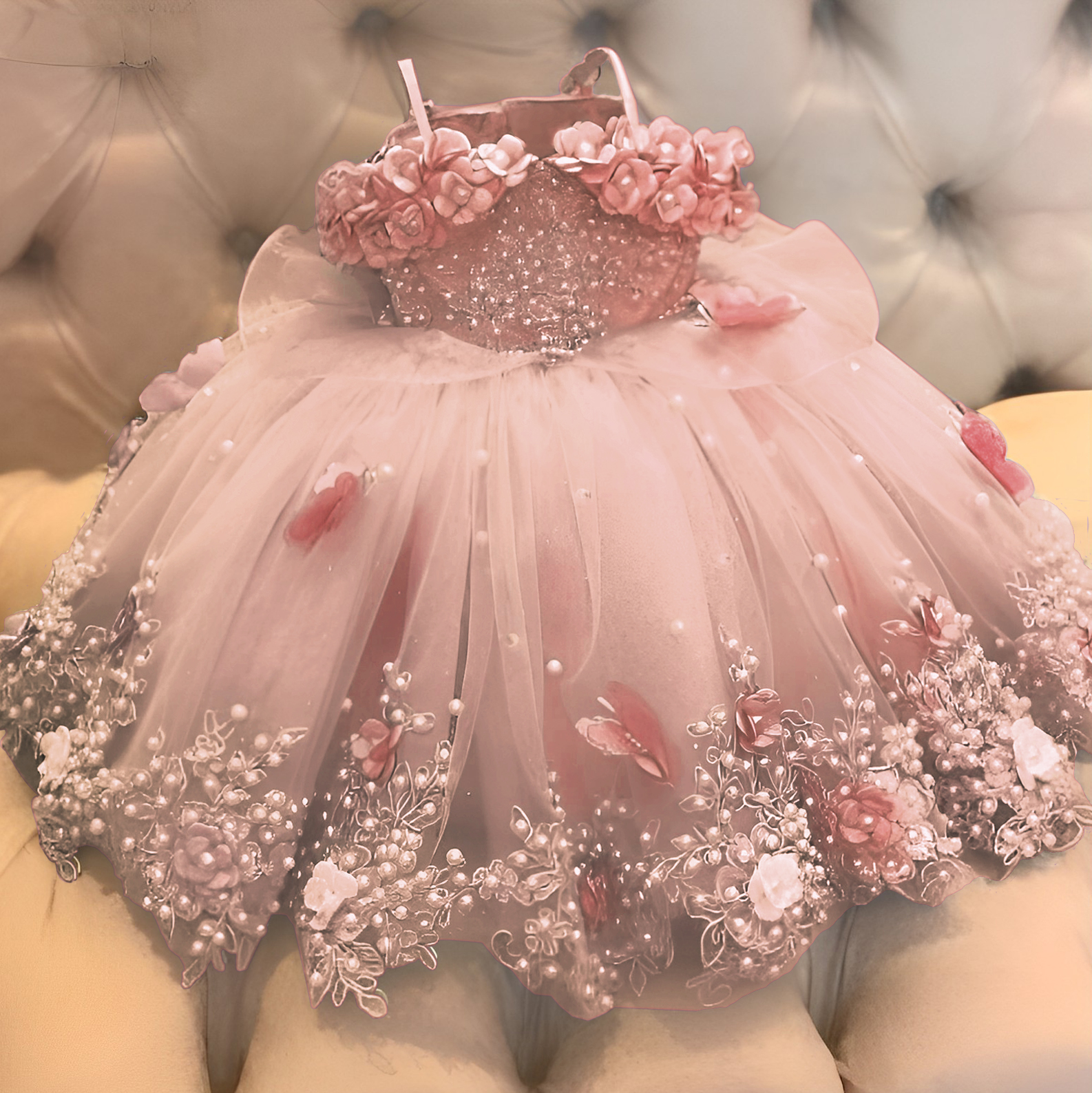 Детское платье с открытыми плечами, бабочками и жемчужинами