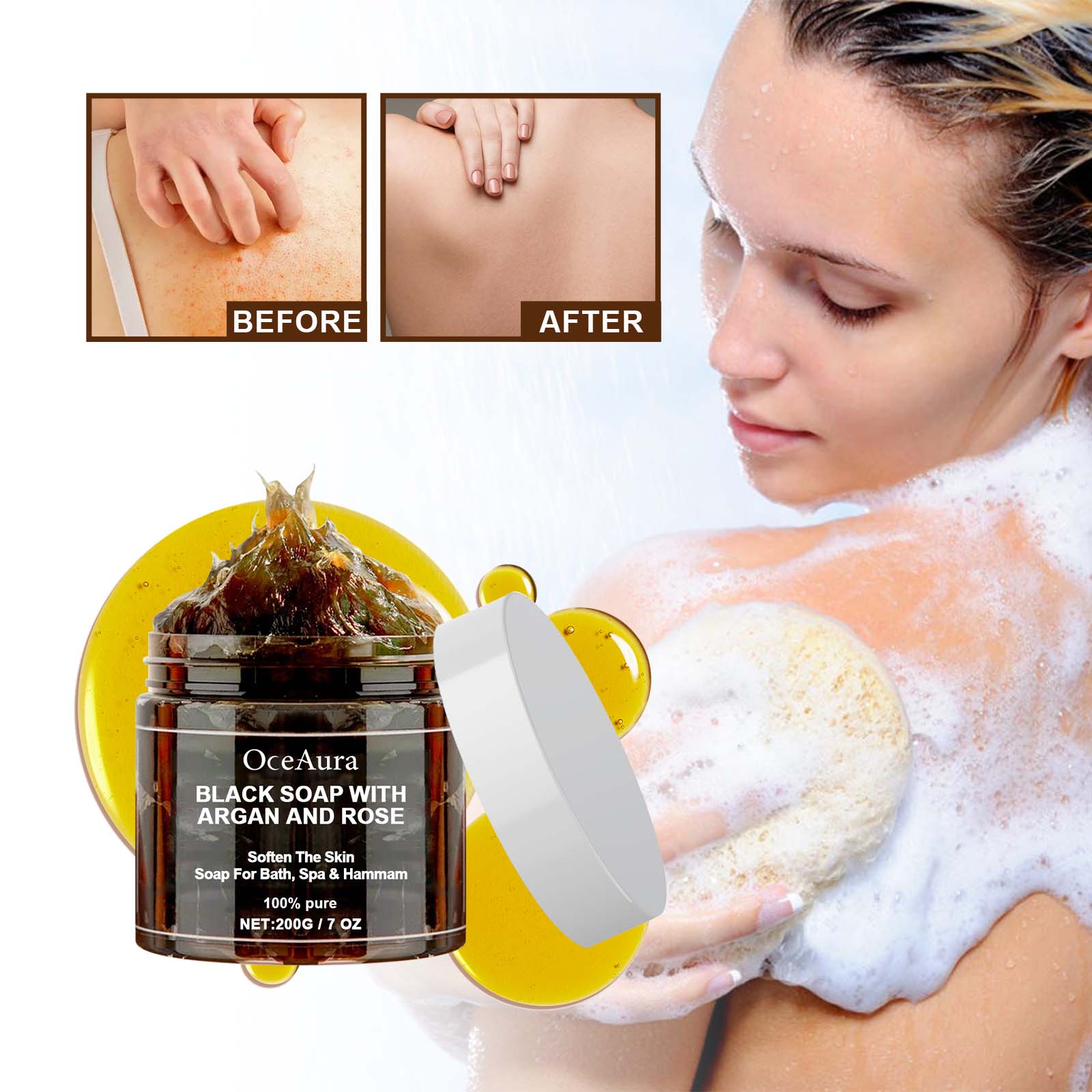 OCEAURA ブラック ソープ アルガンとローズ ベルディ ソープ デッドスキン リムーバー ボディ スクラブ 浄化 ディープ クレンジングに最適 200g/7 オンス