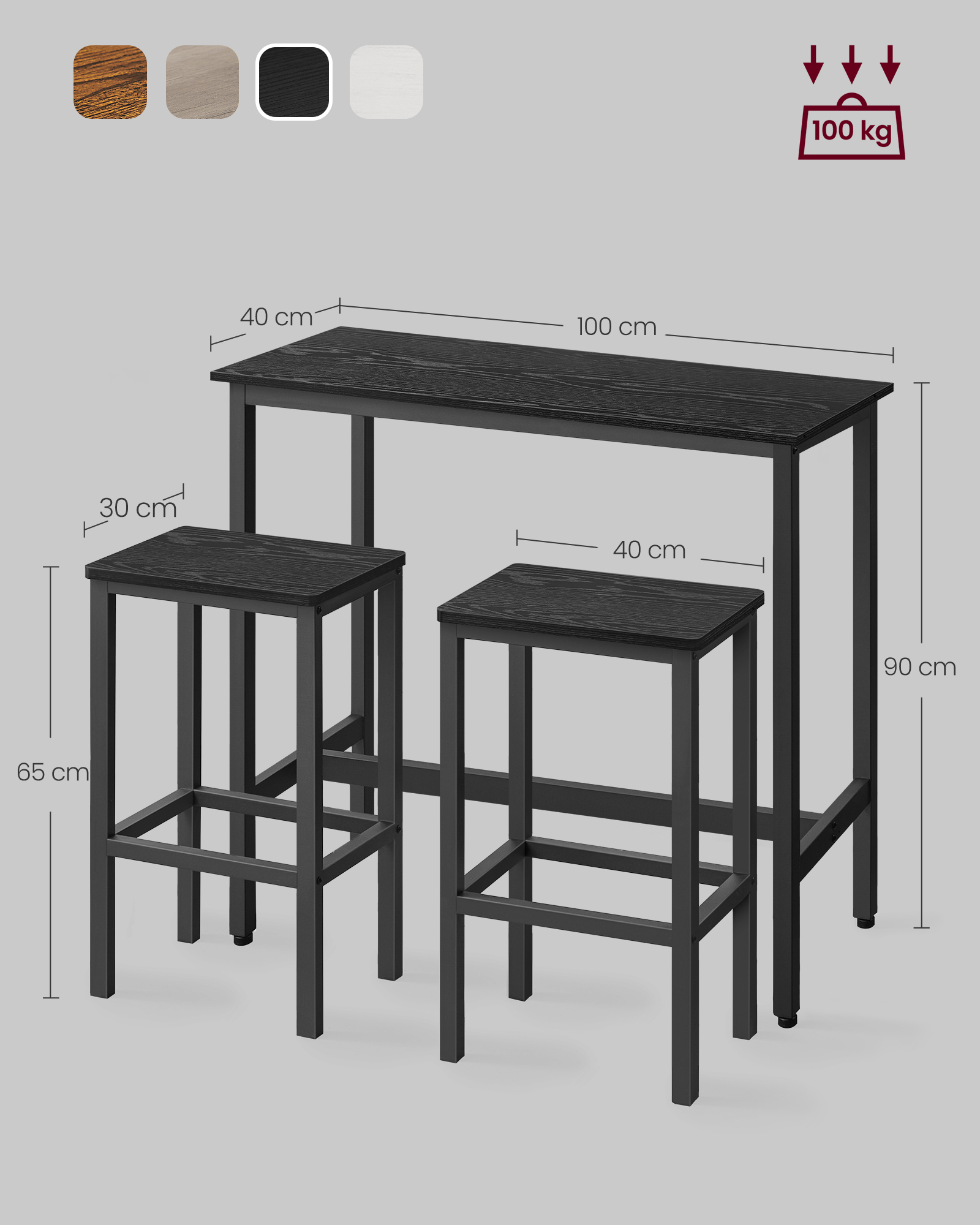 VASAGLE Bartisch mit Barhocker Set, Essgruppe, Stehtisch mit 2 Stühlen, Stahlgestell, Industrie-Design