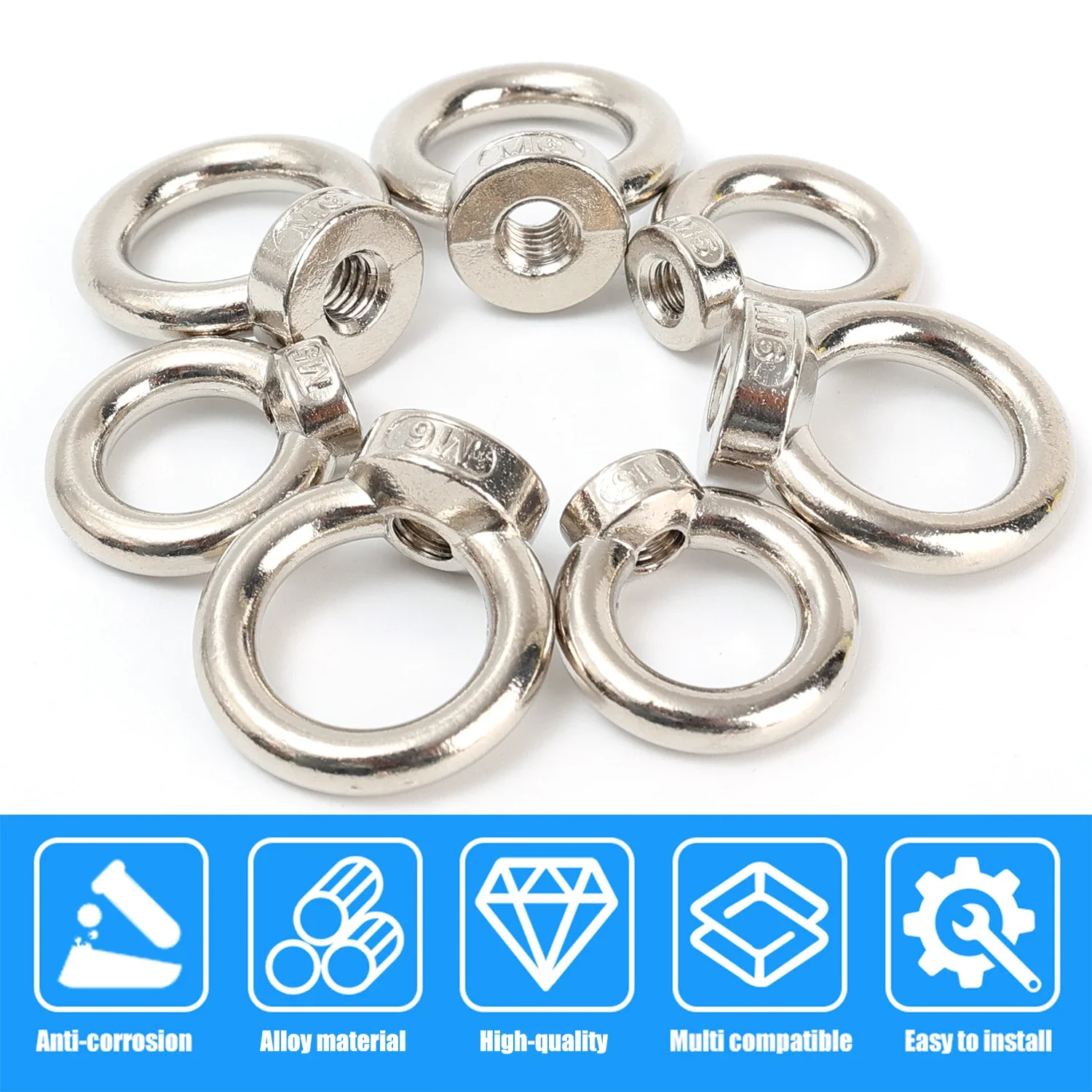 5-20pcs M5/M6 Circular Lifting Ring Nuts Lifting Eye Threaded Nut Fastener Eyebolt Zinc Alloy Ring Hooking Nut Screws Tools