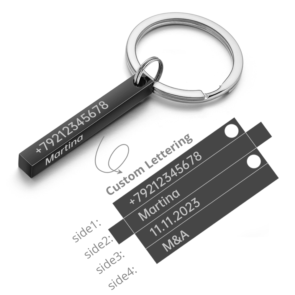 Personalisieren Sie Schlüsselanhänger, 3D-Stab, Edelstahl-Schlüsselanhänger, 4-seitig gravieren, Text, Name, Datum, Logo, individuelle Schlüsselanhänger, Ringe, Liebesgeschenk, P039
