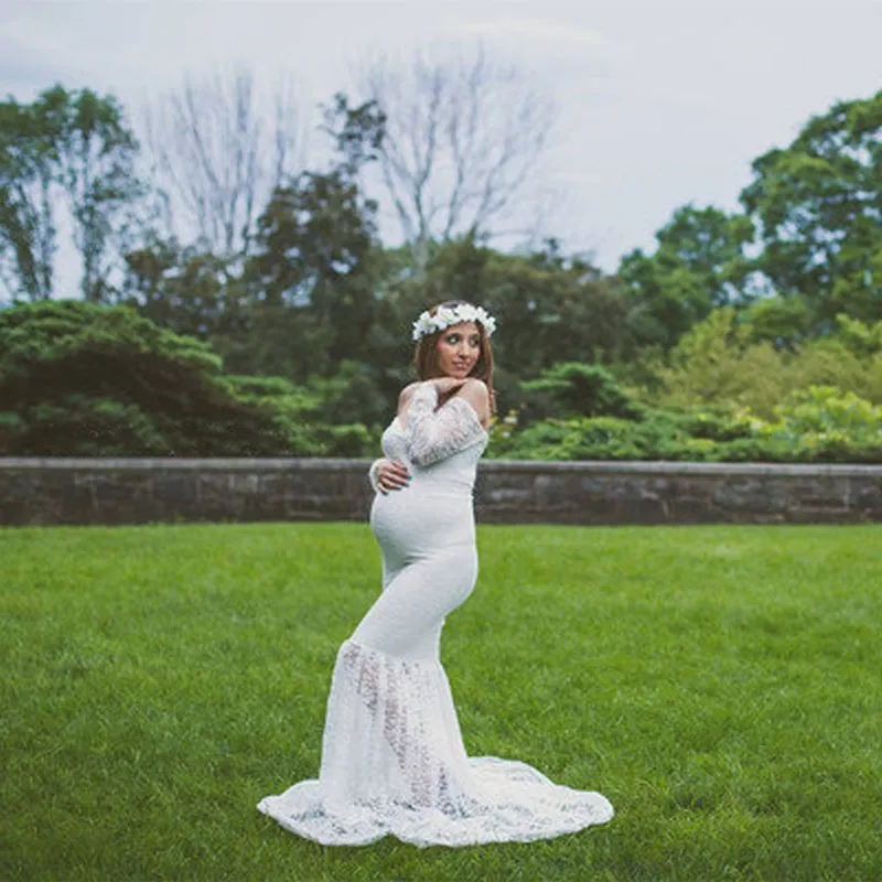 2025 Mermaid Maternityชุดสําหรับถ่ายภาพลูกไม้Maxiชุดคลุมท้องปิดไหล่เซ็กซี่ผู้หญิงชุดการตั้งครรภ์การถ่ายภาพProp