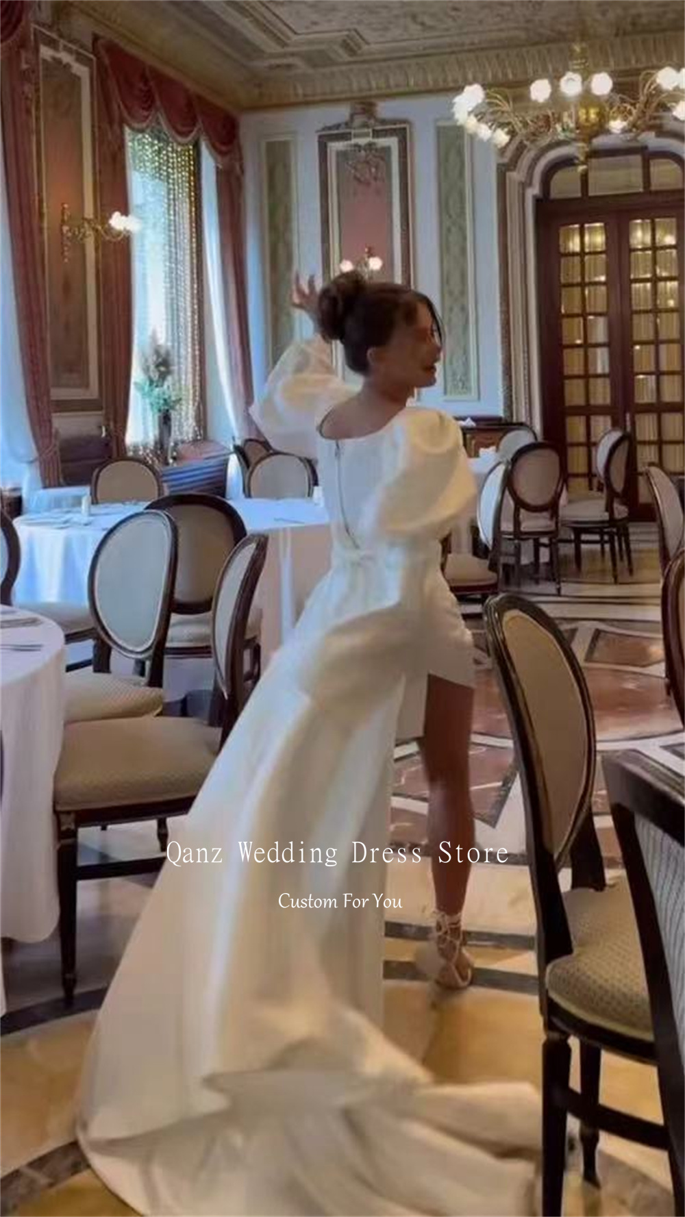 Qanz-Robe de Soirée de Mariage en Satin à Manches sulfBouffantes, Tenue Personnalisée