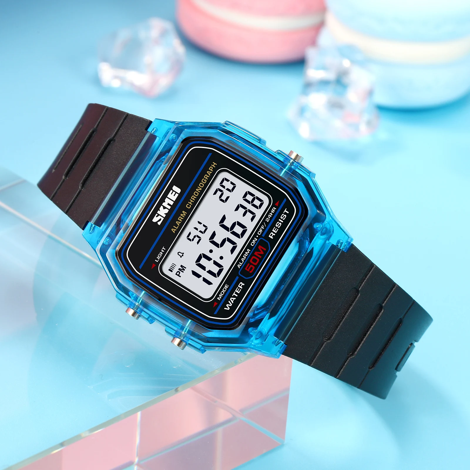 SKMEI 2056 cronómetro con pantalla de luz trasera a prueba de golpes relojes digitales para mujer reloj de pulsera transparente con correa de TPU para mujer