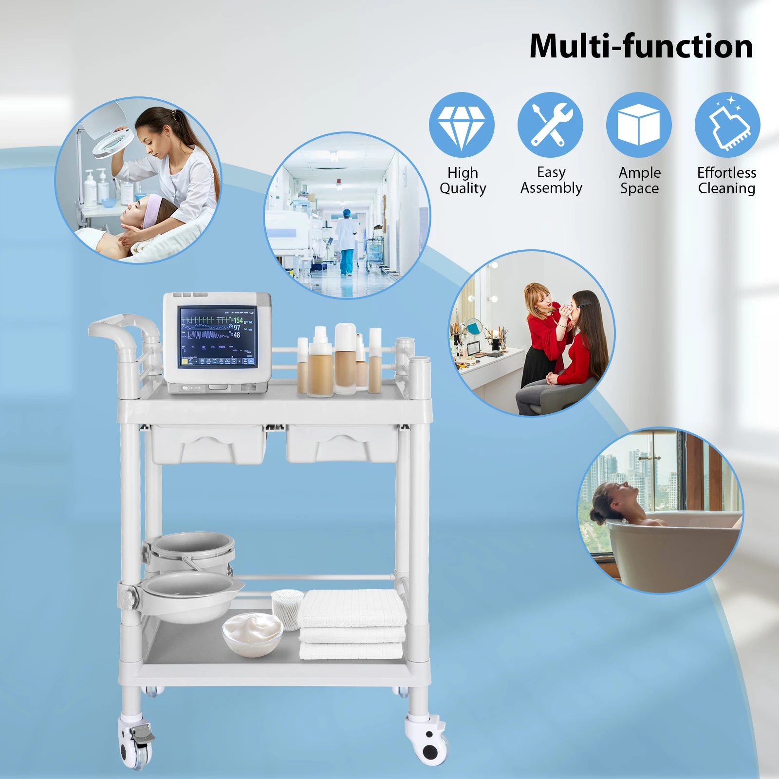 Mobile Trolley Cart, 2 Tier Heavy Duty Rolling Utility Cart with Dirt Bucket, 360° Rotate Wheels Medical Mobile Trolley Cart