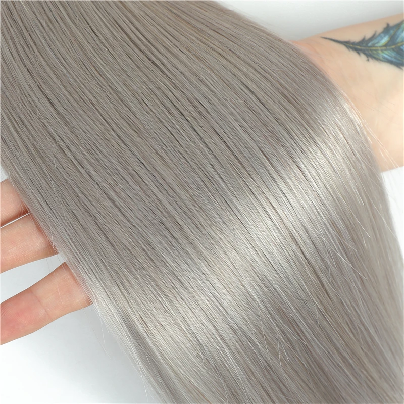 Pacote reto brasileiro com fecho 4x4 cor cinza prata 3 pacotes com fecho cinza remy 100% pacotes de cabelo humano cabelo kemy