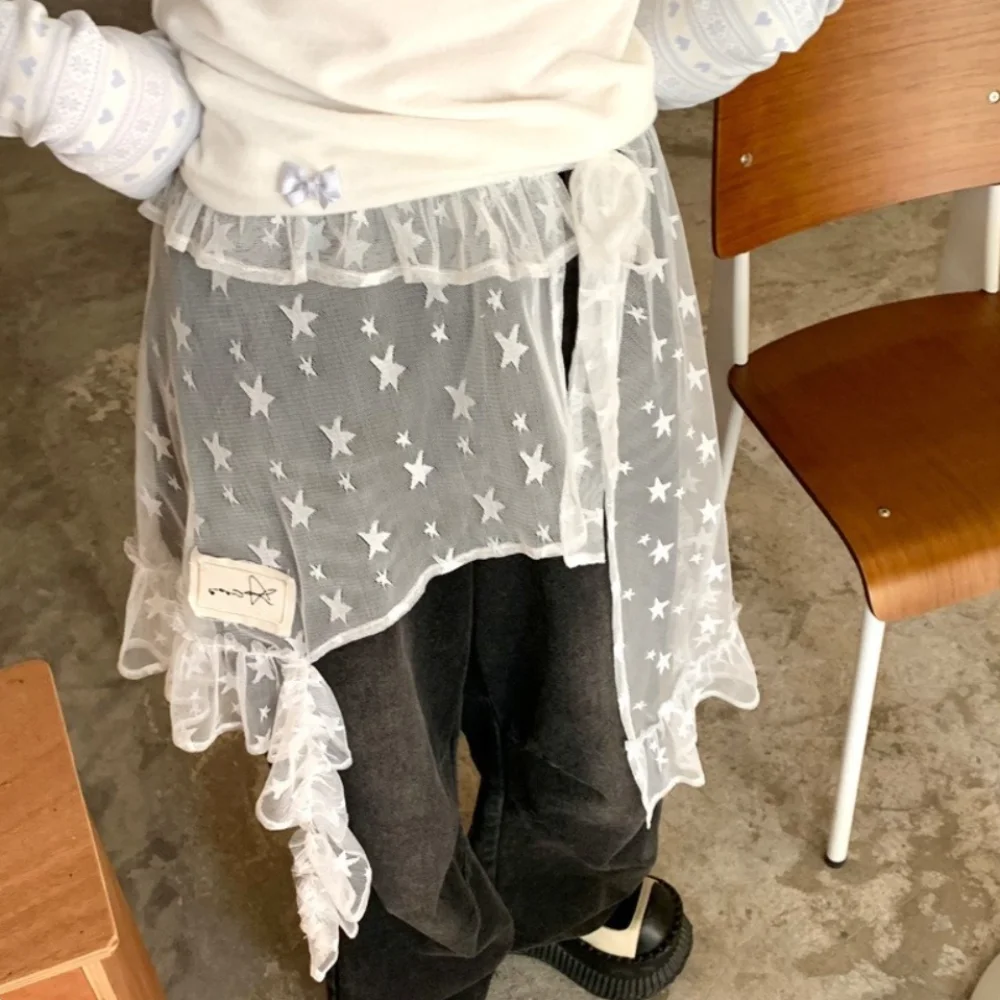 Vintage Star Lace Mini Skirt Irregular Hight Waist Gauze Skirt Lace-up Japanese Style Ruffled Edge Skirt Streetwear