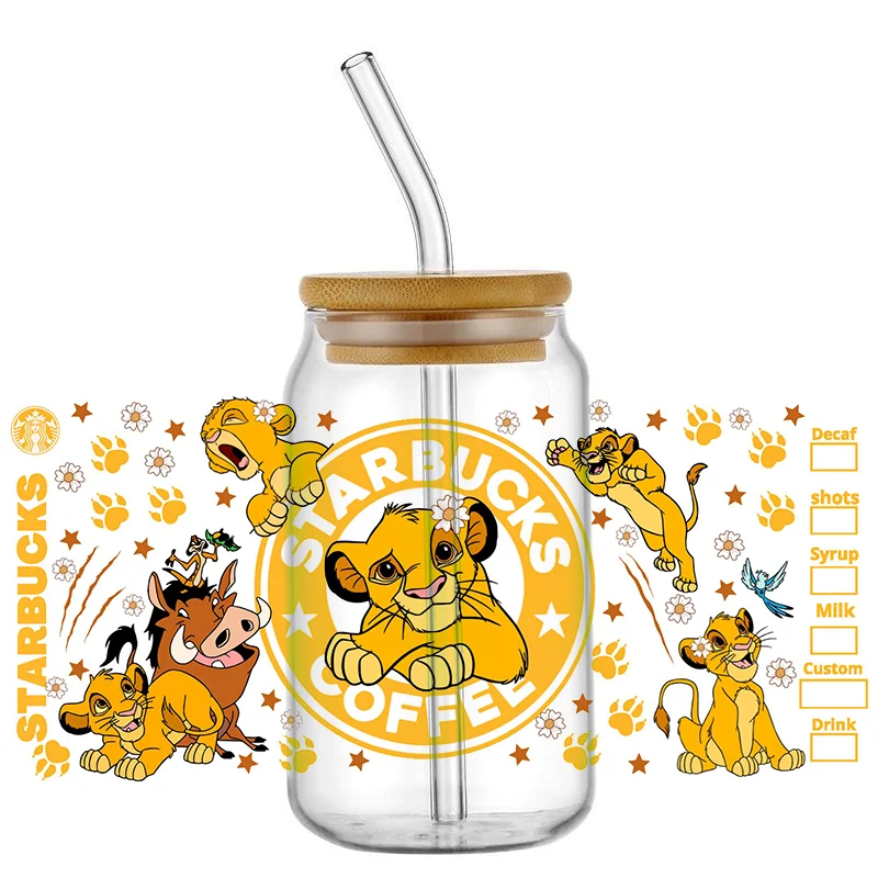 Miniso 3D Cartoon 16oz Libbey UV DTF Cup Wrap Wrap Lion King Transfers Sticker DIY Mug Custom Labels Durable Waterproof Sticker